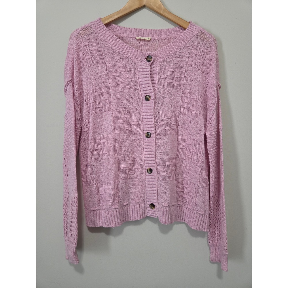Kori Pink Textured Pointelle Popcorn Knit Button Front Cardigan Sweater Small